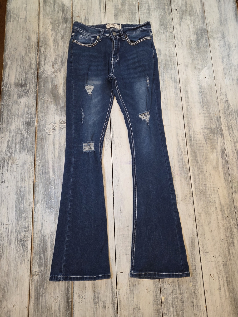 Celebrity Ace Women's Dark Indigo Distressed Flare Jeans w/ White Stiching sz 5